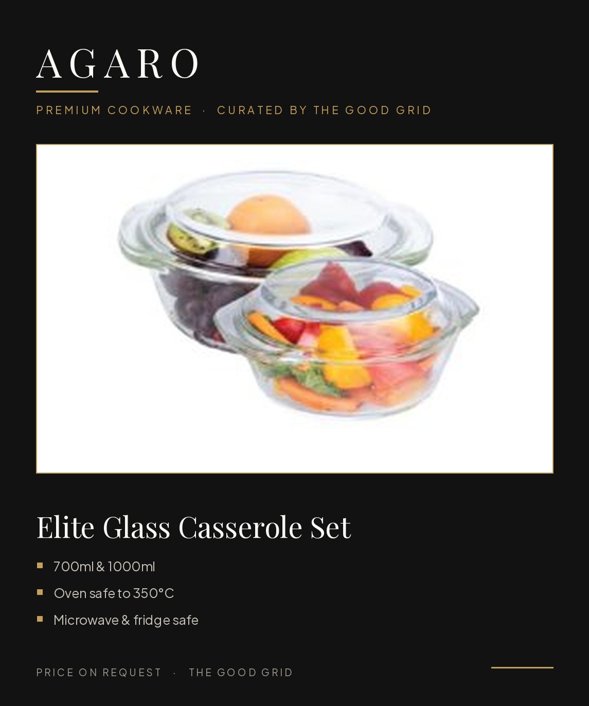 AGARO Elite Glass Casserole Set — 700ml & 1000ml