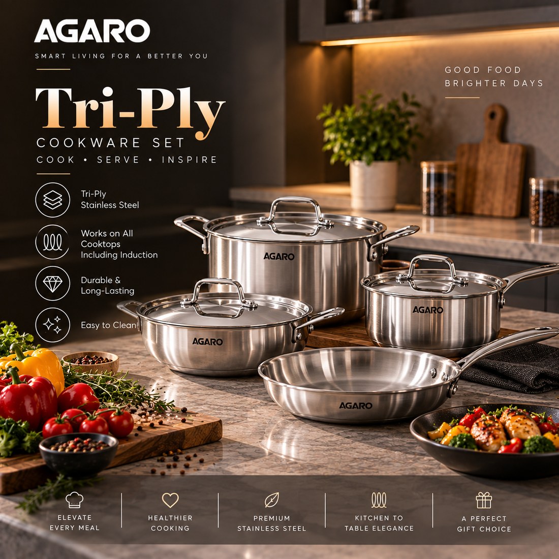 AGARO Tri-Ply Cookware Set