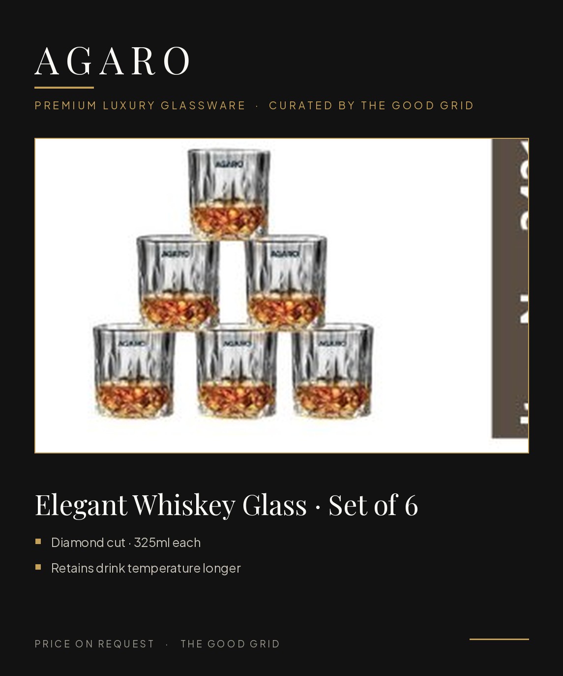 AGARO Elegant Whiskey Glass 325ml — Set of 6 (Diamond Cut)